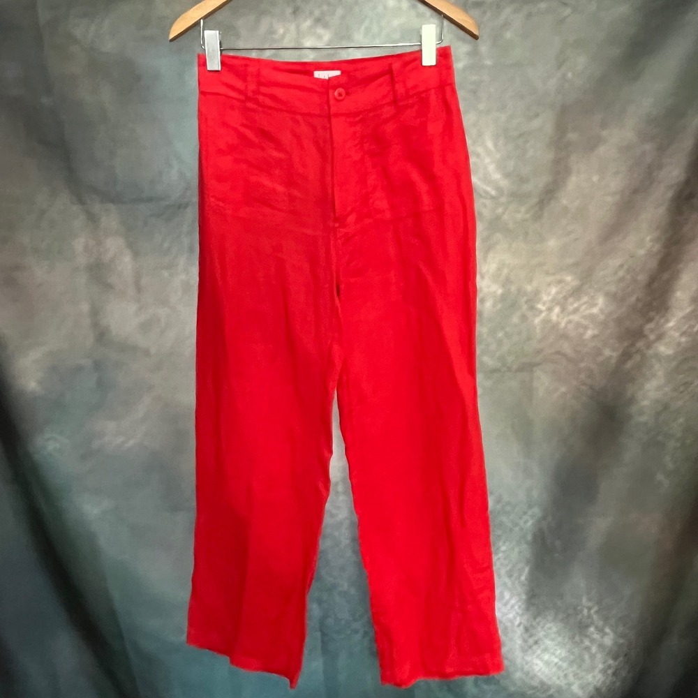 Nicole Miller New York Red 100% Linen Wide Leg Pants High Waisted Womens Size 4